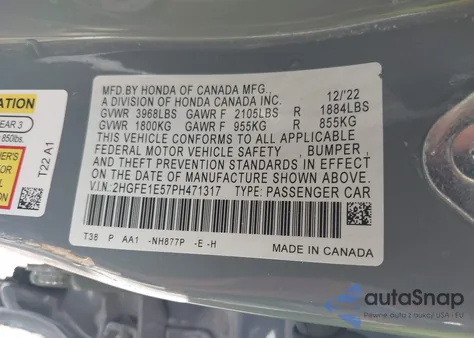 2023 Honda Civic Si Sedan from USA, damaged, VIN 2HGFE1E57PH471317